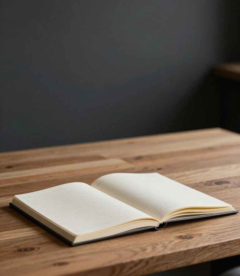 Close-up of a minimalist study desk in a quiet library, soft focused task lighting, a single open notebook, warm wood textures contrasting with dark charcoal walls, shallow depth of field.