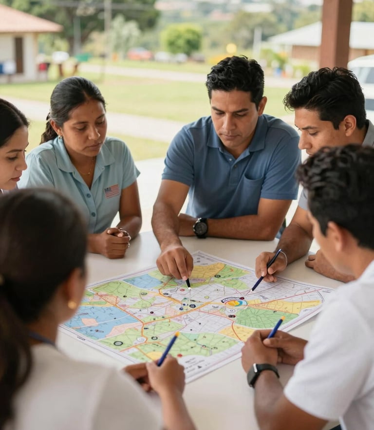 Bright editorial photography of a professional planning session in Colombia, team members discussing a map on a table with community leaders, natural daylight, warm realistic color tones, authentic community setting, 35mm lens, professional depth of field.