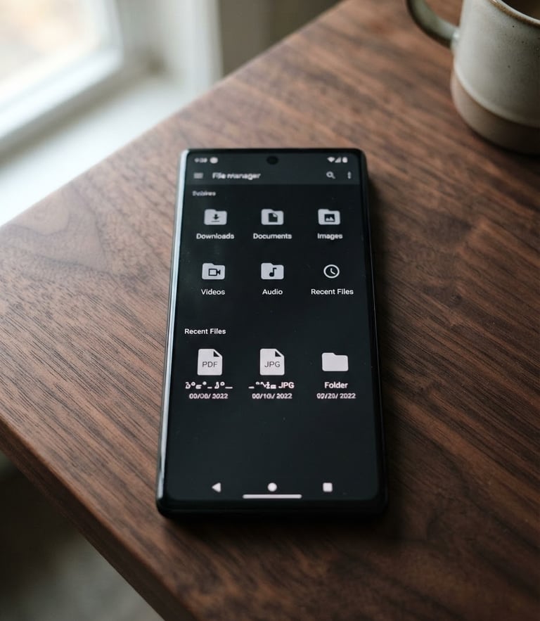 Close-up shot of a modern Android phone displaying a clean file manager interface on a dark wooden table, soft natural daylight, 35mm