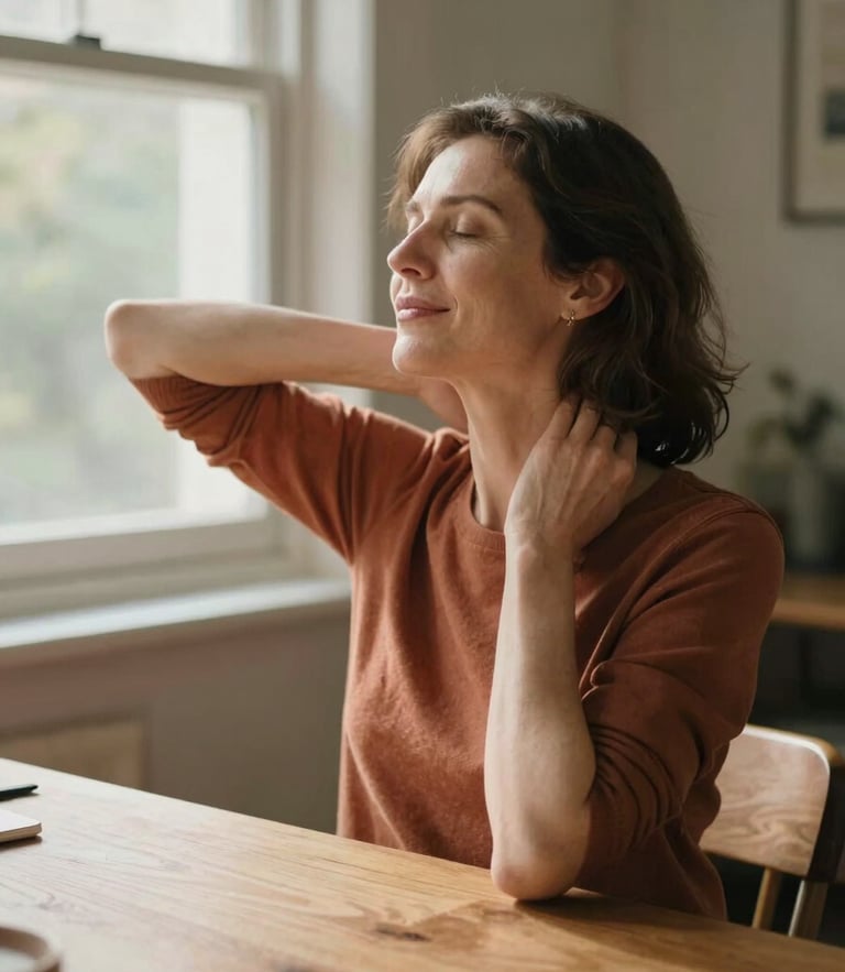 A woman in her late 40s sitting at a sunlit wooden desk, doing a gentle neck stretch, warm natural window light, muted terracotta and sage tones, 35mm lens.
