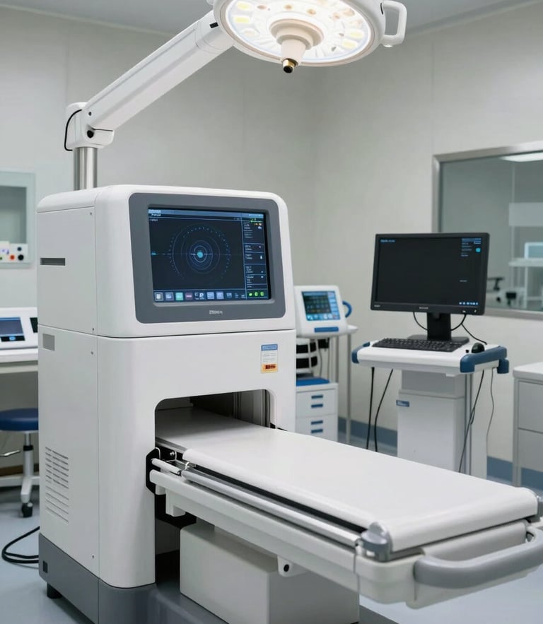 Plano medio de un equipo de radiología digital moderno en una sala clínica impecable y con iluminación blanca difusa