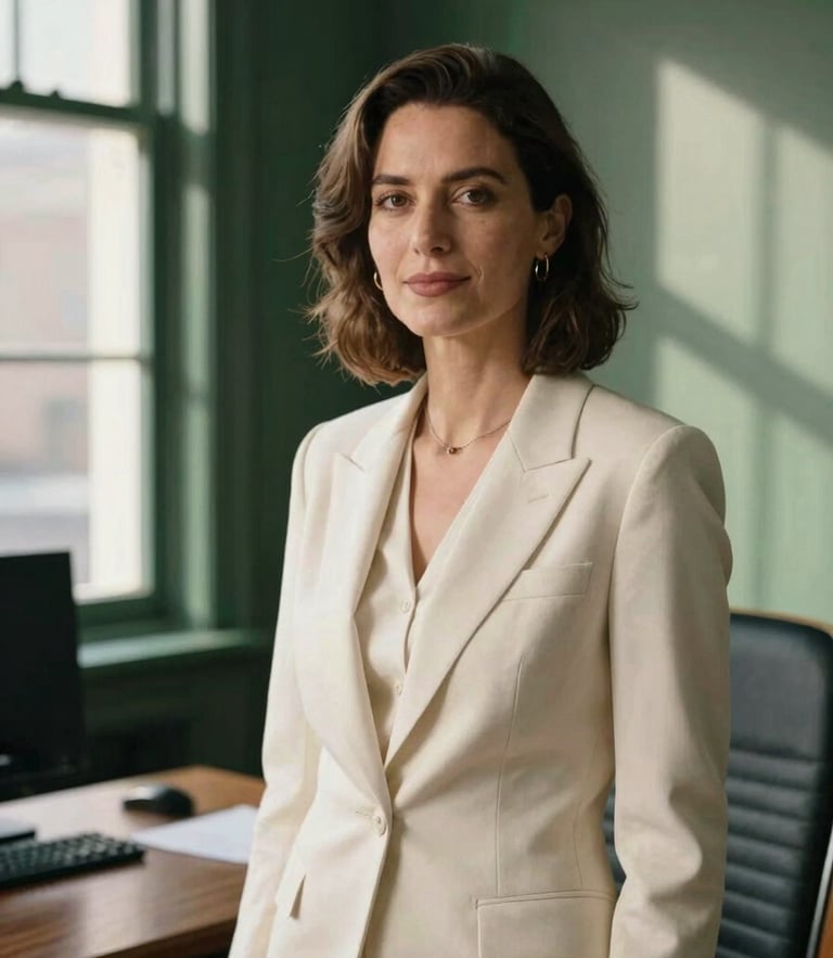Editorial portrait of Isabella Wild in a warm, naturally lit office, deep forest green tones, soft window shadows, professional and poised, 35mm photography.