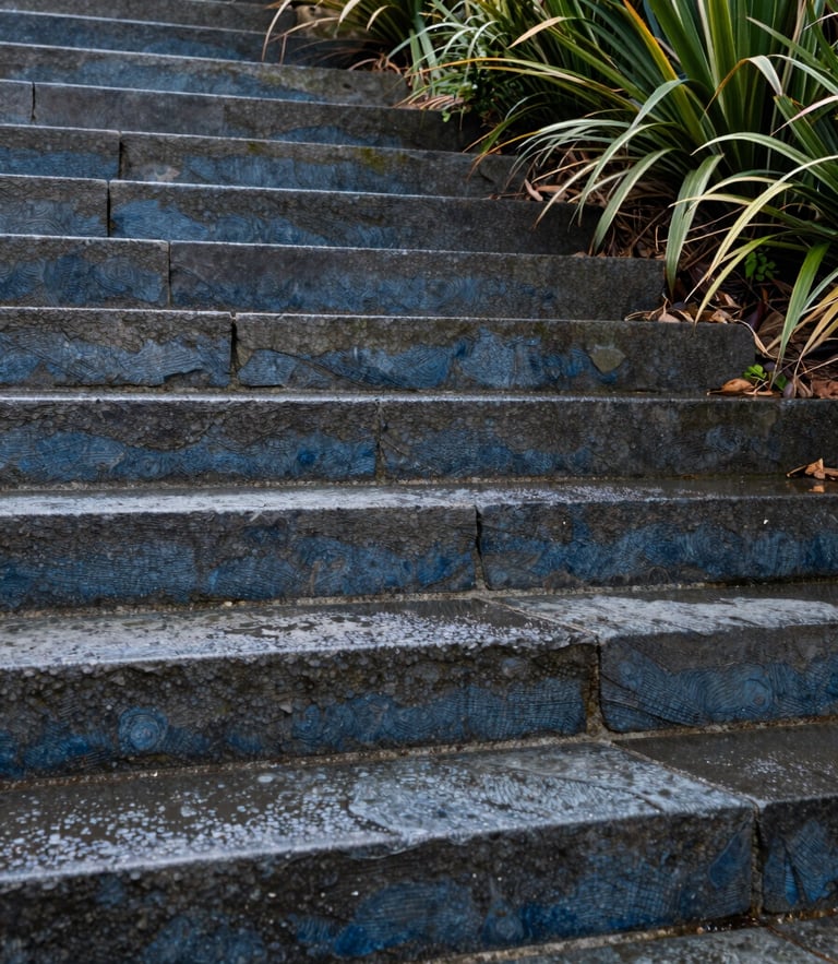 Low-angle architectural crop of wet quarried bluestone steps meeting native groundcover under overcast Melbourne daylight.