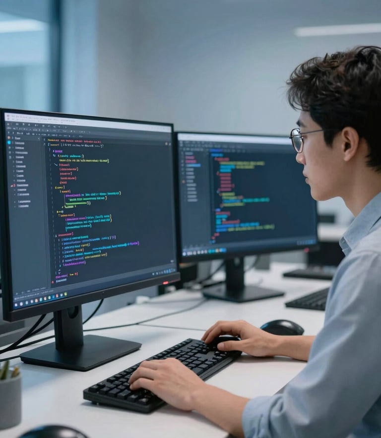 A professional software developer analyzing complex code structures on a high-resolution monitor in a cool-toned office environment, 35mm lens