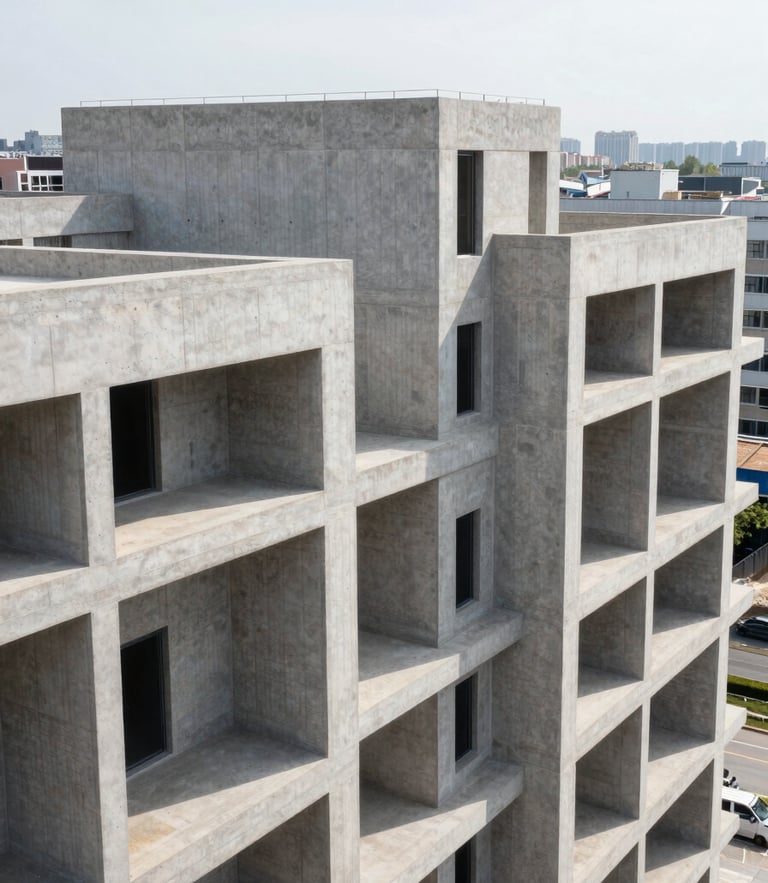 High-angle architectural elevation of a completed mixed-use commercial development, sharp geometric concrete lines, bright overcast daylight highlighting material quality.