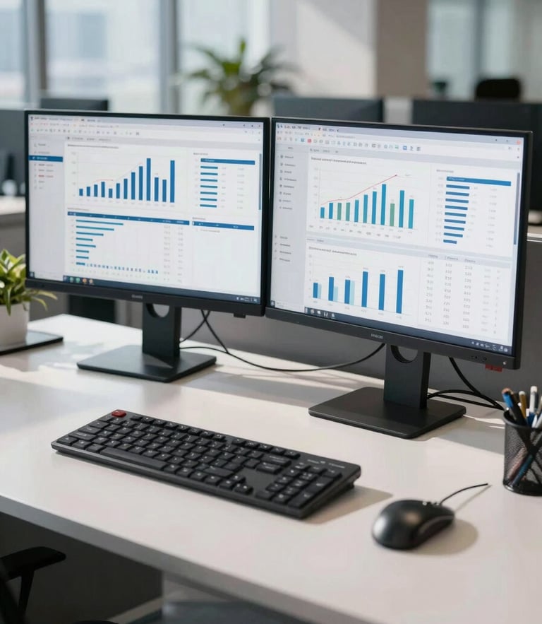 Modern corporate environment, dual-screen setup displaying clean financial dashboards with charts, cool bright daylight with sharp shadows, high-contrast, professional, detailed.