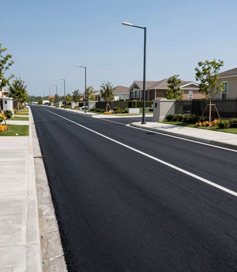 Wide-angle midday photograph of a newly paved 12-meter wide blacktop road inside a gated residential development, clean concrete curbs, modern streetlights lining the side, clear blue sky.