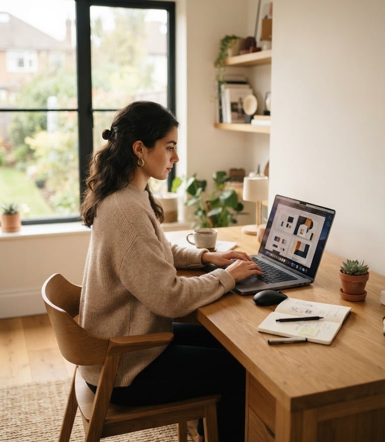 Bright editorial photography of a modern, clean home office workspace. A focused self-employed designer works on a laptop, soft natural daylight filtering through a large window, warm tones, shallow depth of field.