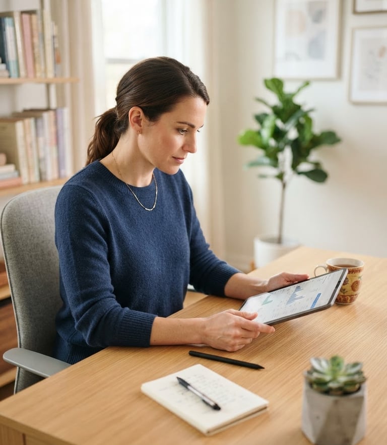 Bright modern home office workspace, a focused professional reviewing financial data on a tablet, soft natural daylight, clean desk, shallow depth of field