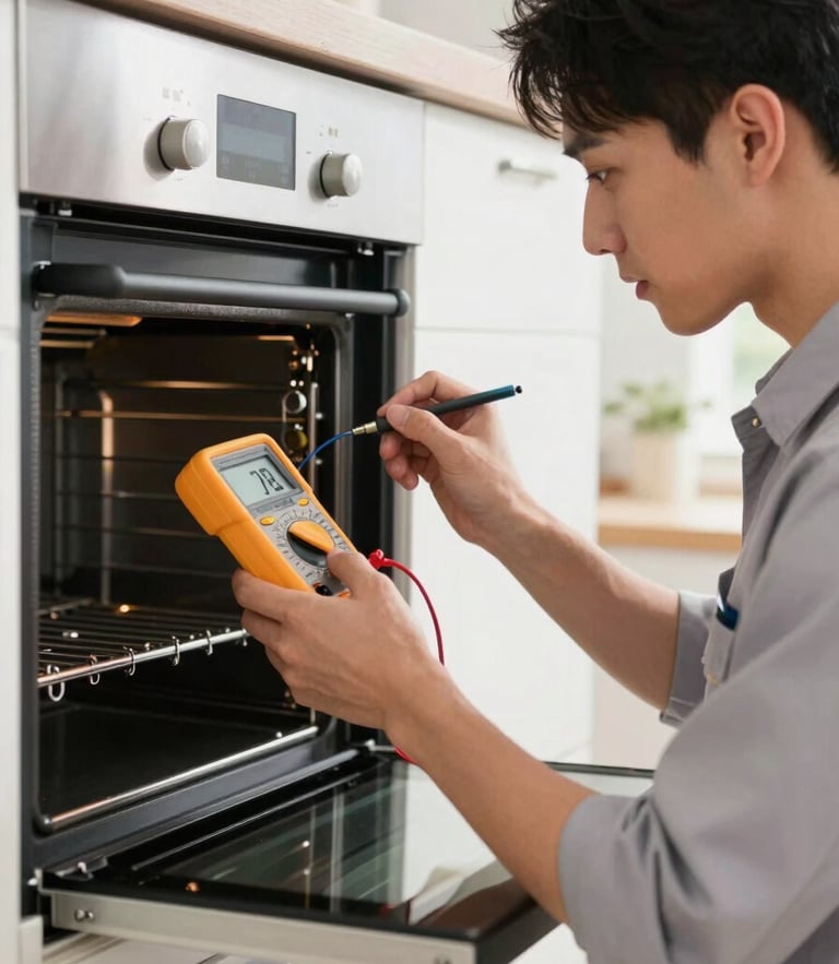 A focused technician in a clean uniform using a digital multimeter to test the heating element terminal inside a modern wall oven, bright natural kitchen light