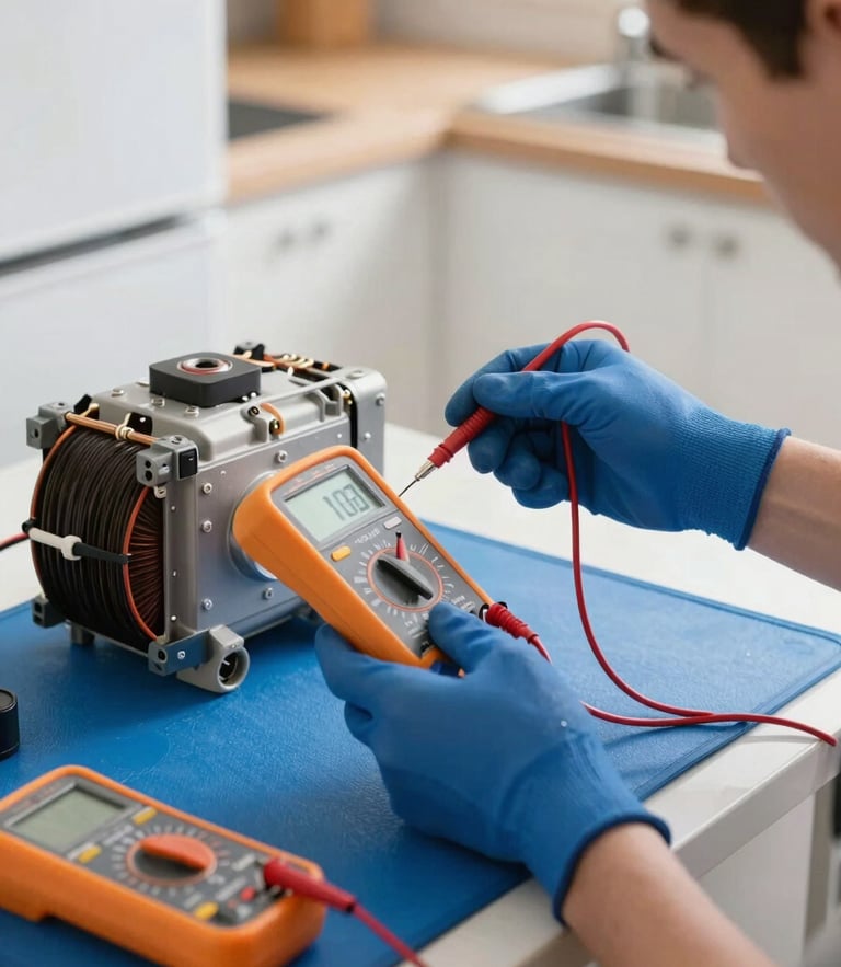 A medium close-up of a clean-cut technician's hands in blue work gloves using a digital multimeter to test a refrigerator compressor coil. Bright, natural indoor kitchen light illuminates the scene, with a protective blue work mat laid out beneath the tools.