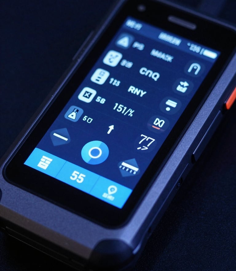 Macro close-up of a premium rugged Android handheld terminal displaying a dense telemetry interface, sharp electric blue highlights on dark steel casing, low-key dramatic studio lighting, 35mm.