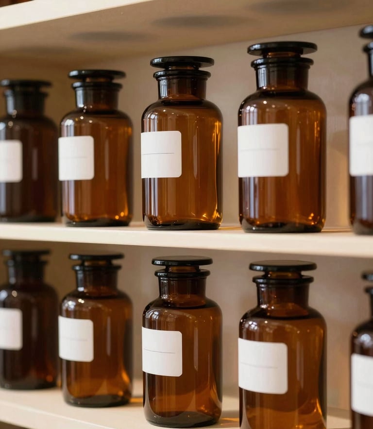 A portrait-oriented, bright natural daylight shot of amber glass apothecary jars arranged neatly on a warm cream shelf, clear minimalist labels visible.