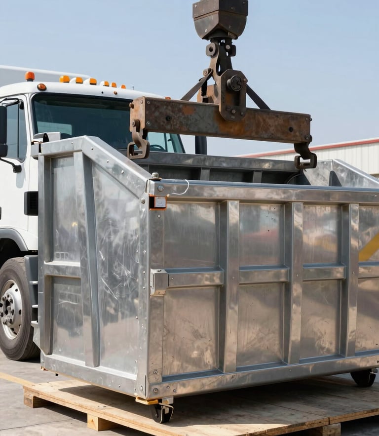 Close-up of a heavy-duty truck lifting mechanism lowering a clean steel dumpster onto protective wood boards, bright daylight, industrial details.