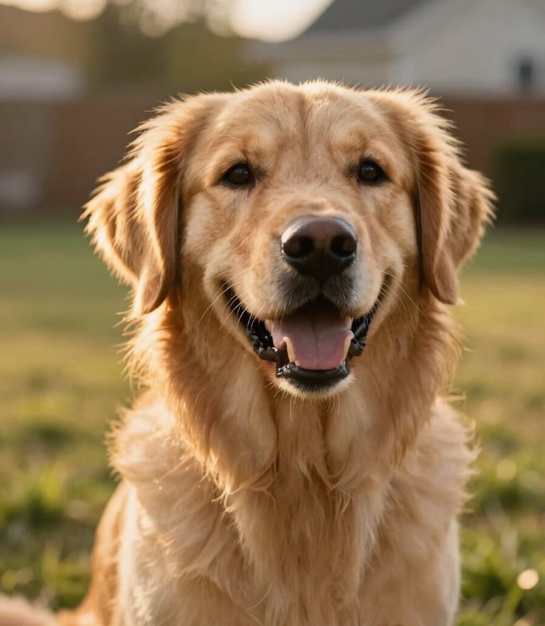 Eye-level close-up of a happy golden retriever sitting in a sunny Indiana backyard, warm golden-hour light, shallow depth of field, 35mm lens