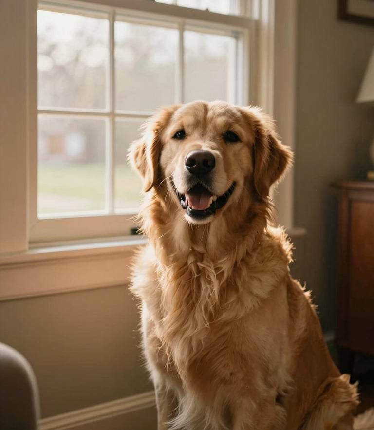 A warm candid photo of a happy golden retriever sitting by a sunny window in a cozy Indiana living room, soft natural golden-hour light.