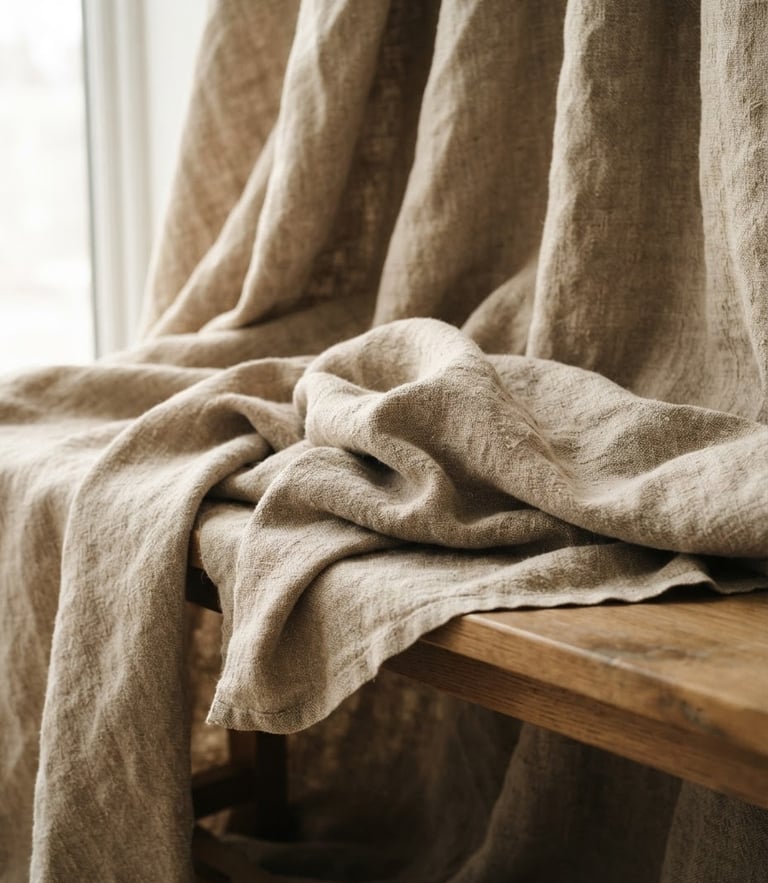 Warm editorial photography of heavy-weight natural linen fabric draped over a minimalist wooden bench, soft diffused window light casting gentle shadows in the folds, macro texture detail, earth tones, 50mm.
