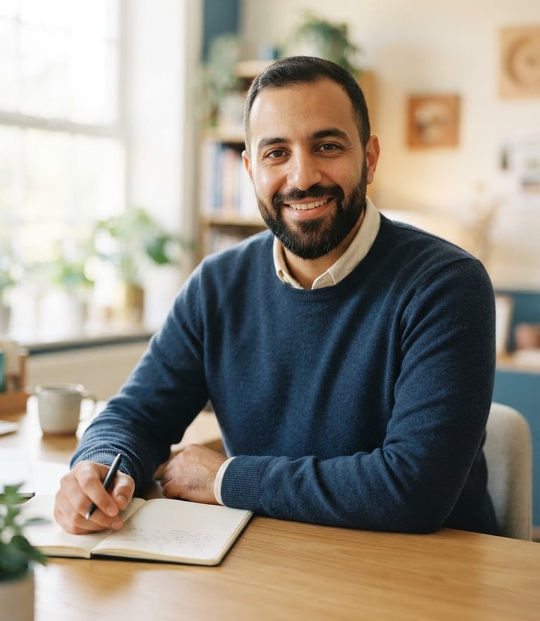 Medium close-up of Khaled at a clean wooden desk, smiling reassuringly, bright natural window light, soft cream and blue tones, shallow depth of field