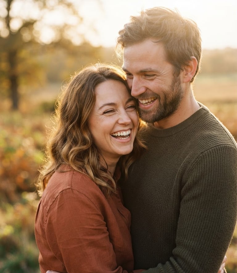 Close-up cinematic shot of a couple laughing warmly, golden-hour sun-drenched backlighting, soft natural depth of field, 35mm film look.
