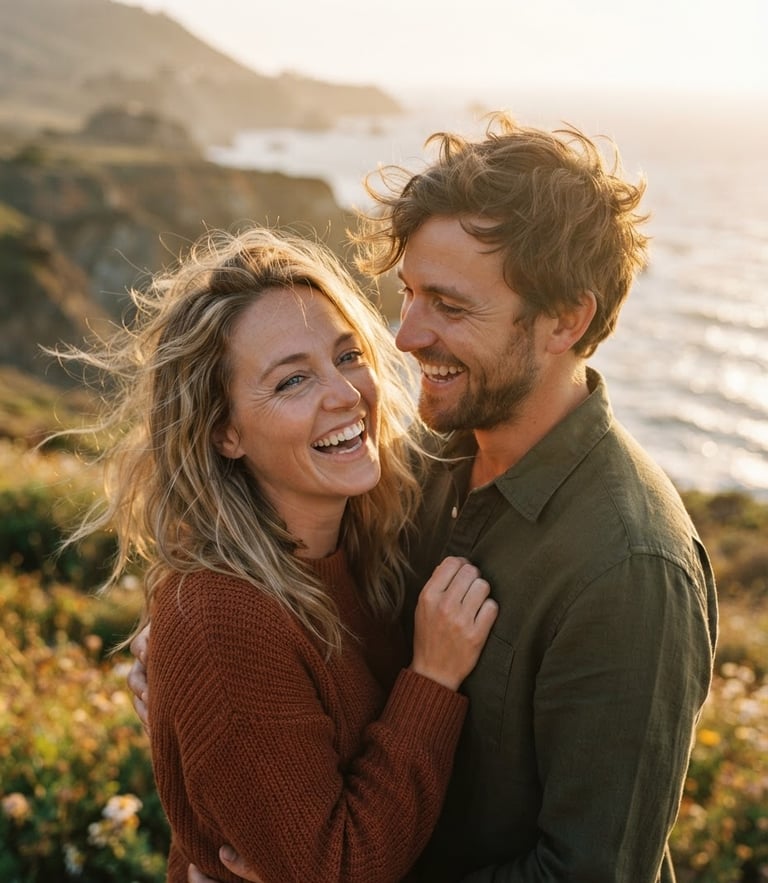 Close-up cinematic lifestyle shot of a couple laughing, wind-blown hair, warm golden-hour sun-drenched backlighting, shallow depth of field, 35mm film look