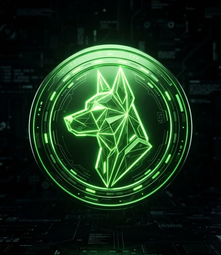 Sleek 3D digital render of a neon-green coin with a stylized geometric dog silhouette, high-contrast glowing studio light, futuristic fintech aesthetic