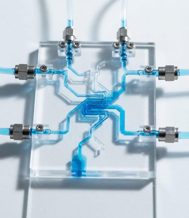 Macro photography of a sterile microfluidic drug delivery chip, laser-etched channels with precise blue liquid flow, high-key clinical white lighting, sharp shadows