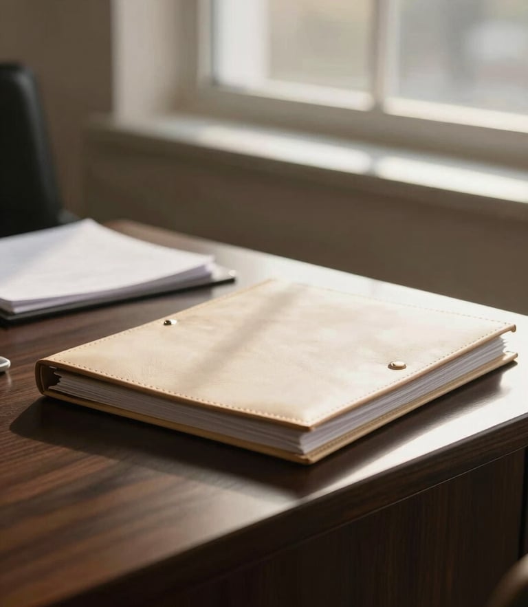 A structured, sunlit consultation office with neat leather folders on a dark oak desk, warm window light, shallow depth of field