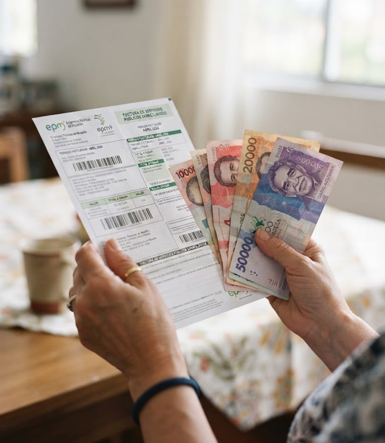 Hands holding a physical utility bill and Colombian pesos, bright commercial photography, clear indoor lighting, natural colors, 35mm