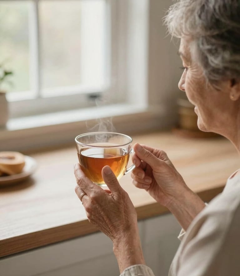 A close-up of a caregiver and an elderly woman sharing a warm cup of tea in a sunlit kitchen, soft natural window light, gentle earth tones, shallow depth of field, 35mm