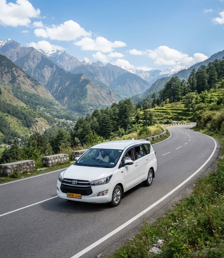 A clean white Toyota Innova taxi driving on a scenic Himalayan foothills highway under bright daylight, professional driver visible, high-resolution commercial photography