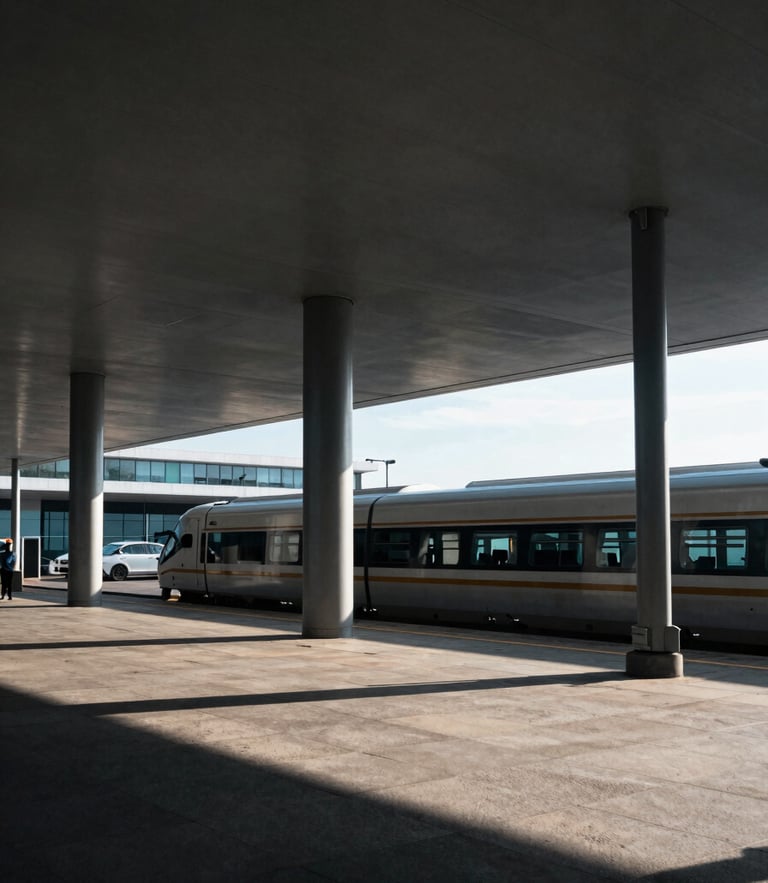 High-contrast geometric architectural shot of a modern customs terminal, cool morning light, sharp shadows, minimalist composition.