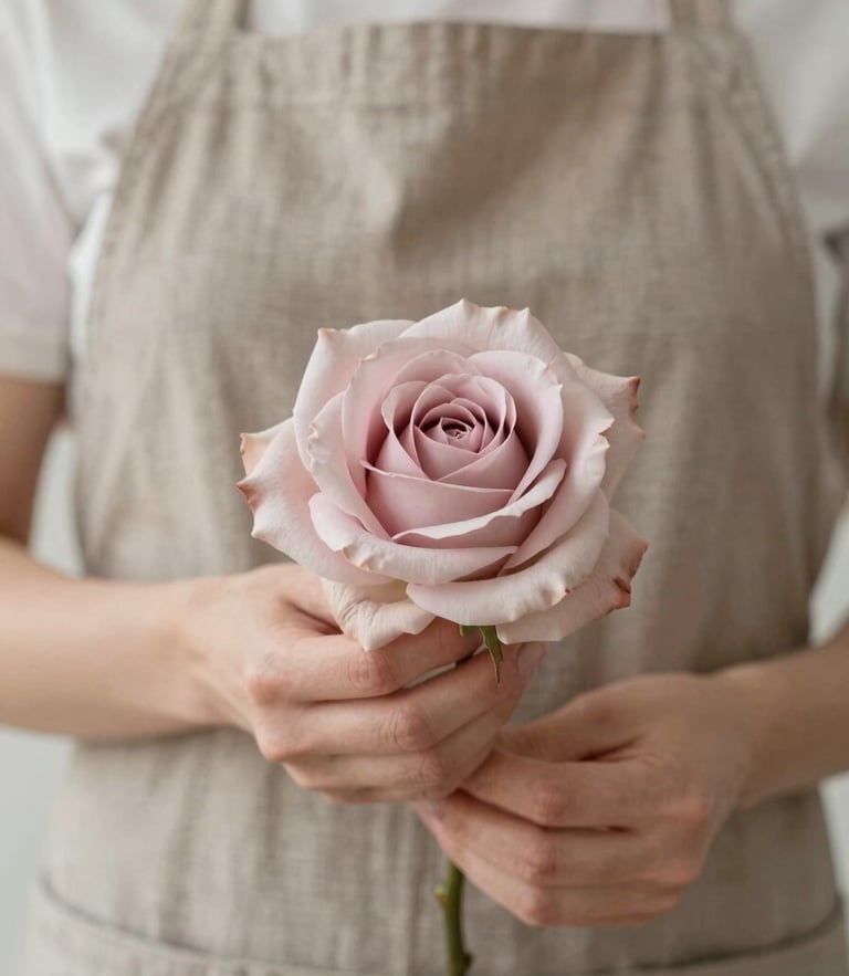 Close-up portrait of a female floral designer in a neutral linen apron, soft side-daylight, holding a single sculptural pale pink rose, muted dusty rose and warm taupe tones, elegant editorial photography, 35mm