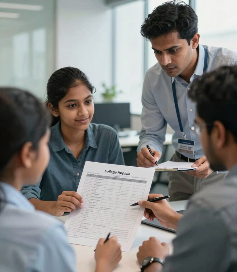 An over-the-shoulder shot of an Indian student and parent reviewing a college comparison spreadsheet with a professional consultant in a bright, modern Bangalore office.