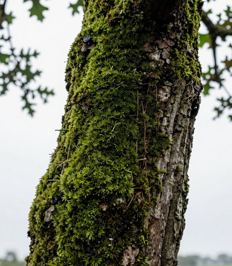 Extreme close-up of a mature oak root flare, high-contrast overcast daylight, rich moss textures, deep forest green tones, 35mm photography