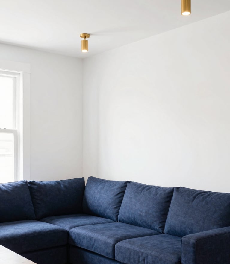 Bright interior photography of a modern Nashville living room, natural daylight, navy blue accents, clean white walls, warm gold light fixtures, sharp focus