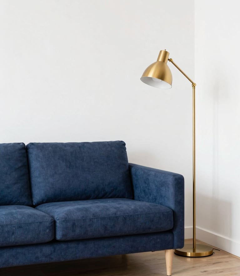 Bright shared living room with natural light, tidy navy blue sofa, gold floor lamp, and structured layout, 35mm interior photography