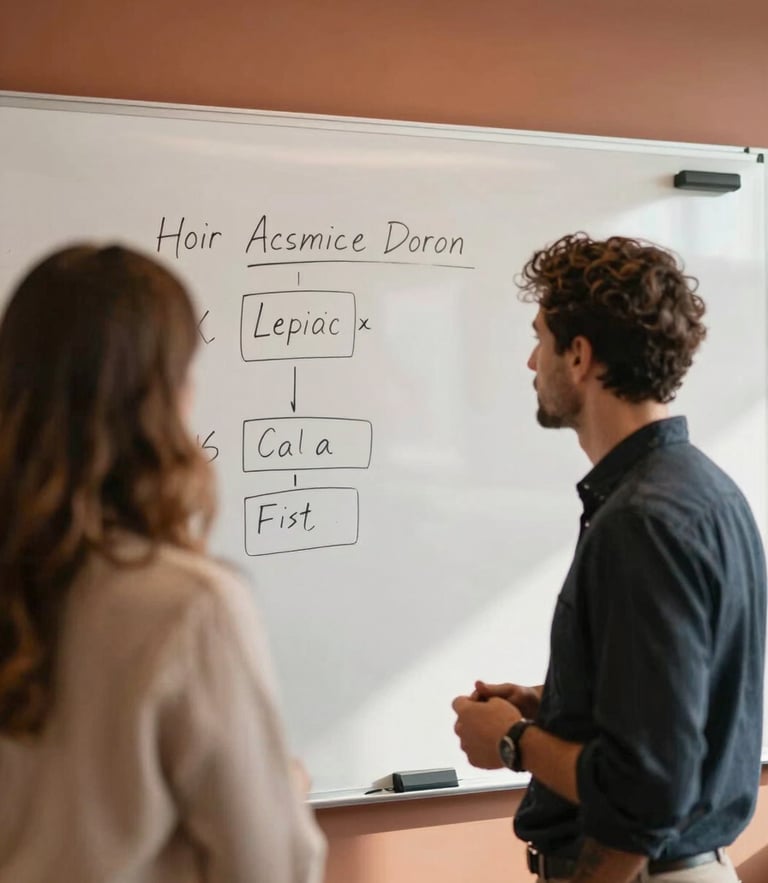 Dynamic candid collaboration in a warm-toned modern office, natural side-lighting, terracotta accents, focused on a strategy whiteboard, shallow depth of field