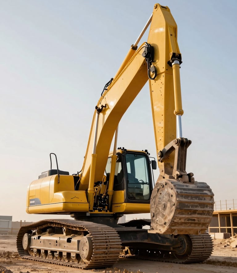 Low-angle heroic shot of a modern yellow excavator at a pristine Dubai construction site under bright daylight, clean industrial composition