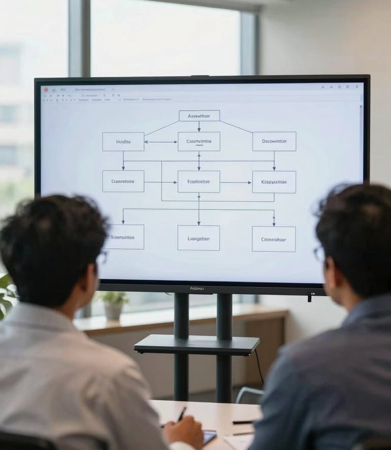 Over-the-shoulder shot of two developers in a bright Pune office discussing a system architecture diagram on a large screen, natural daylight