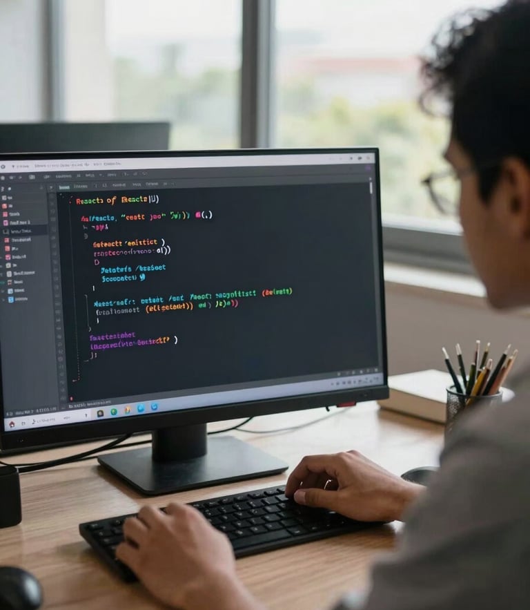 Over-the-shoulder shot of a developer writing clean React code in a dark-themed editor, bright natural daylight streaming through Pune office windows in the background.