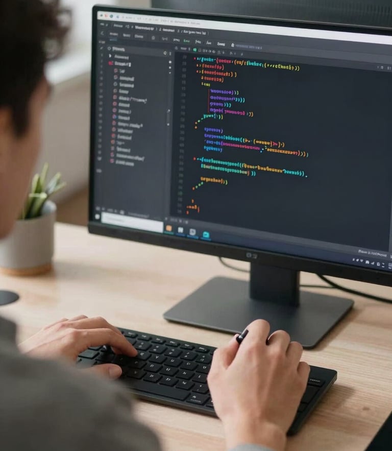 Over-the-shoulder shot of a developer writing clean code in a modern IDE, bright daylight from the side, crisp focus on the monitor displaying code structure.