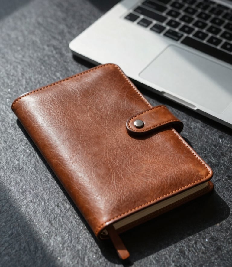 A close-up of a physical leather notebook next to a sleek modern laptop on a dark slate desk, natural cool daylight, sharp shadows.