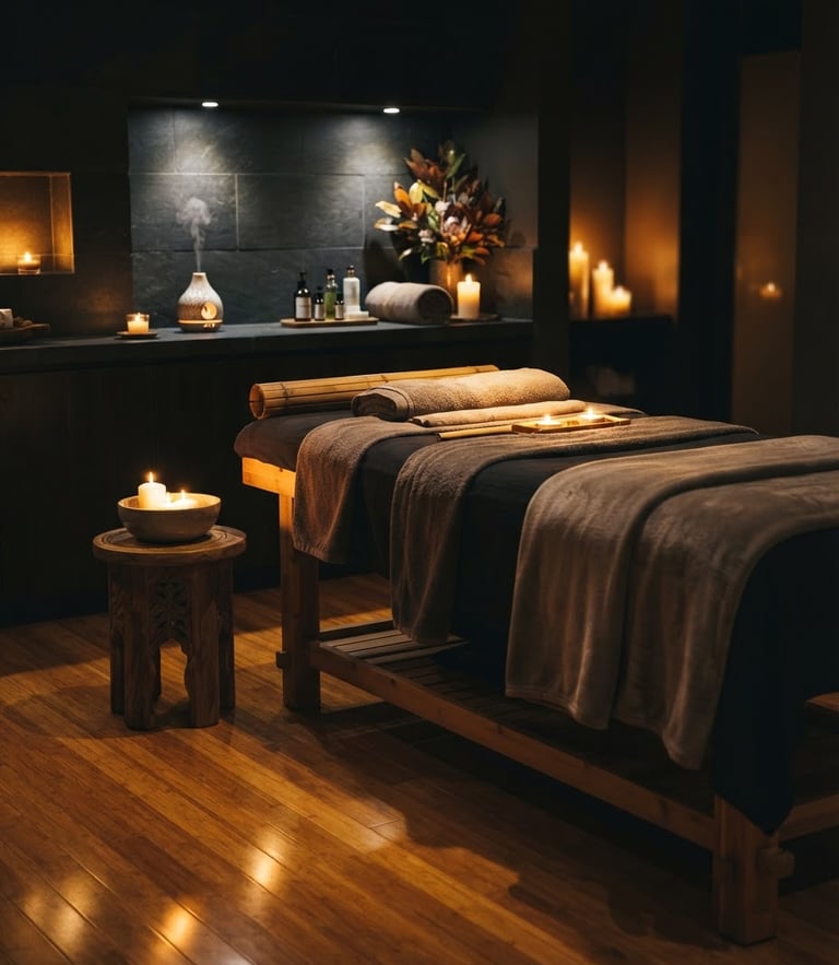 Warm candlelit treatment room with soft golden reflections on polished bamboo, premium spa near me theme, low-key lighting, shallow depth of field, 35mm