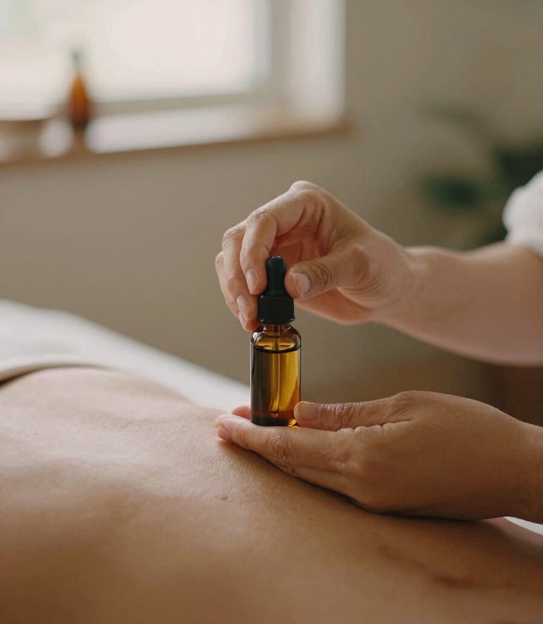 Close-up of therapist hands preparing organic massage oil in a warm, sand-toned San Diego studio, shallow depth of field, 35mm film