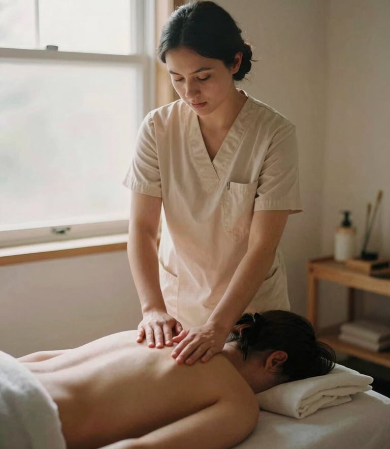 Portrait of a professional clinical massage therapist in a sunlit, minimalist treatment room, warm editorial photography, soft diffused window light, 35mm film