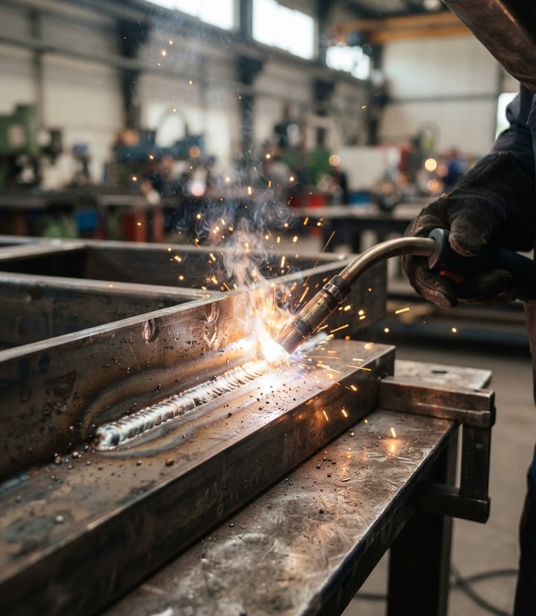 Close-up of clean weld joints with bright sparks from a welding torch, industrial workshop setting, natural daylight, high contrast metallic tones, sharp focus