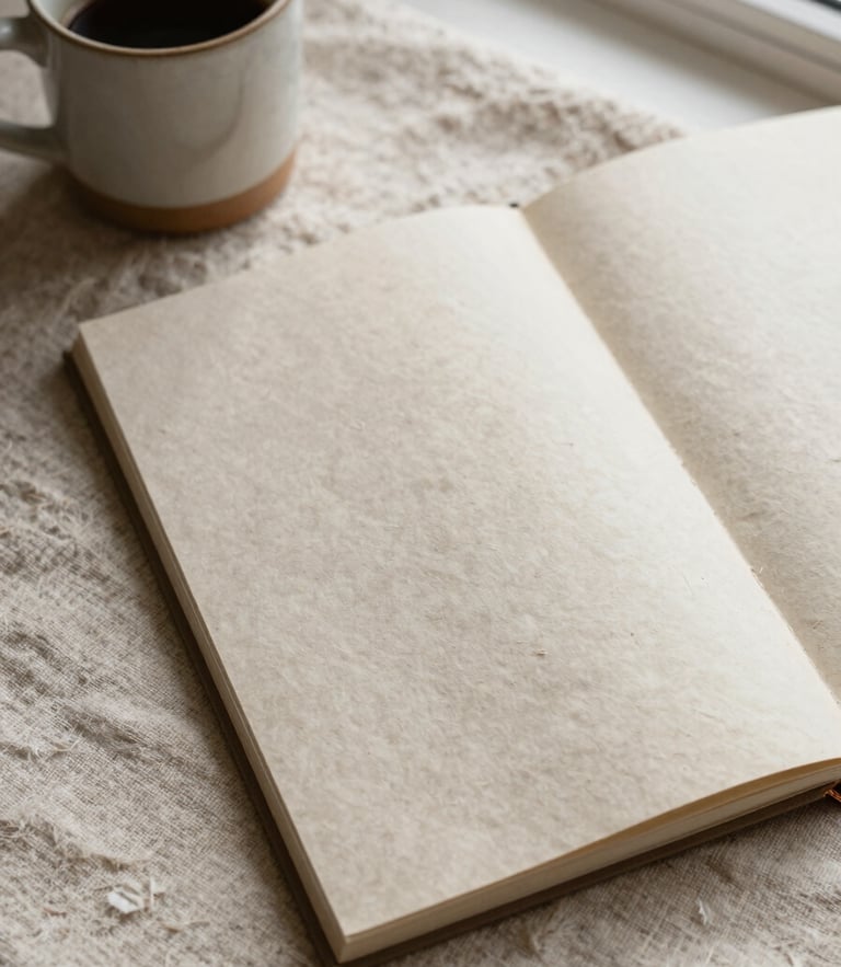 Top-down flat lay of a textured paper journal resting on raw linen next to a ceramic mug under soft morning window light, shallow depth of field
