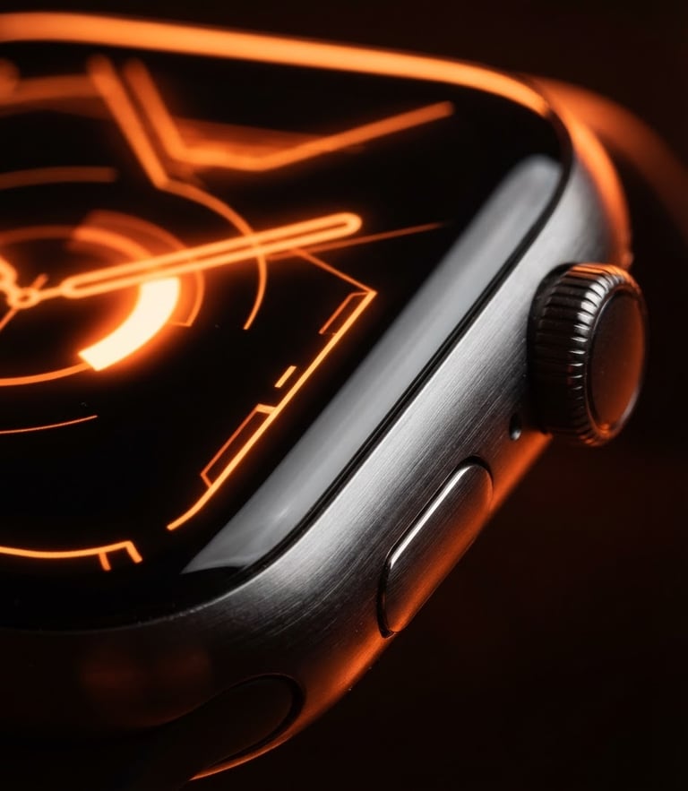 Extreme close-up of a sleek smartwatch bezel highlighting metallic curves and a glowing screen under moody neon orange studio lighting