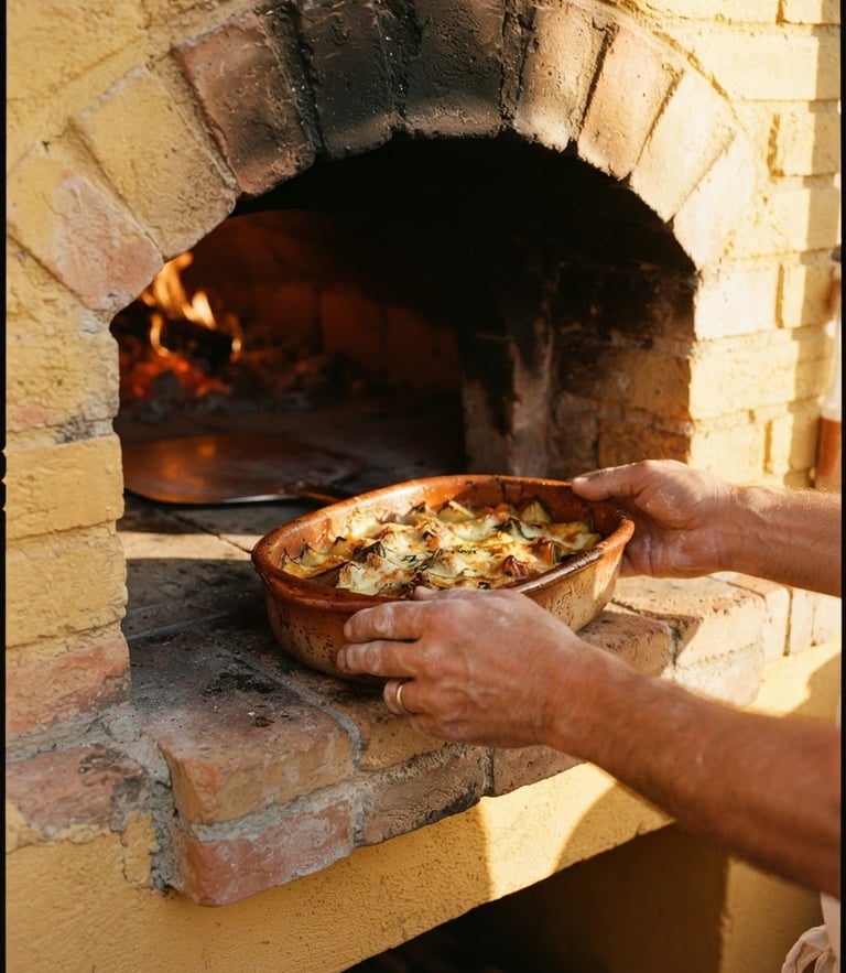 A close-up of hands placing a ceramic baking dish inside the warm, sun-drenched Yellow Brick Oven, dramatic side-light, terracotta tones, 35mm