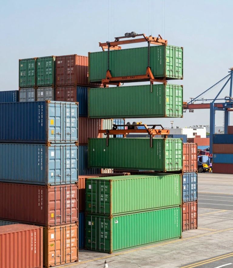 Wide shot of an organized container terminal in a Mexican port, stackers moving green containers under clear daylight, industrial precision.